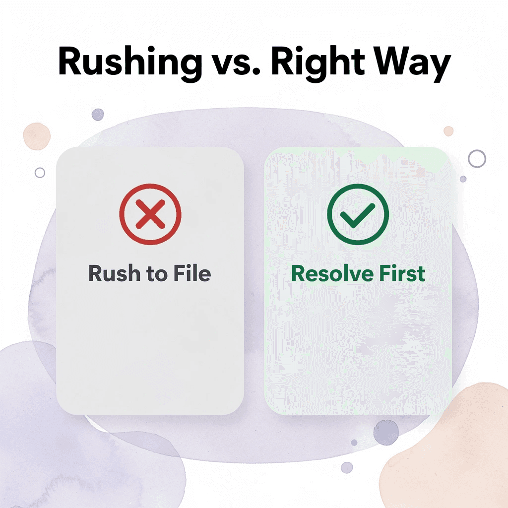 Before and after infographic contrasting rushing to file LLC dissolution versus properly resolving obligations first