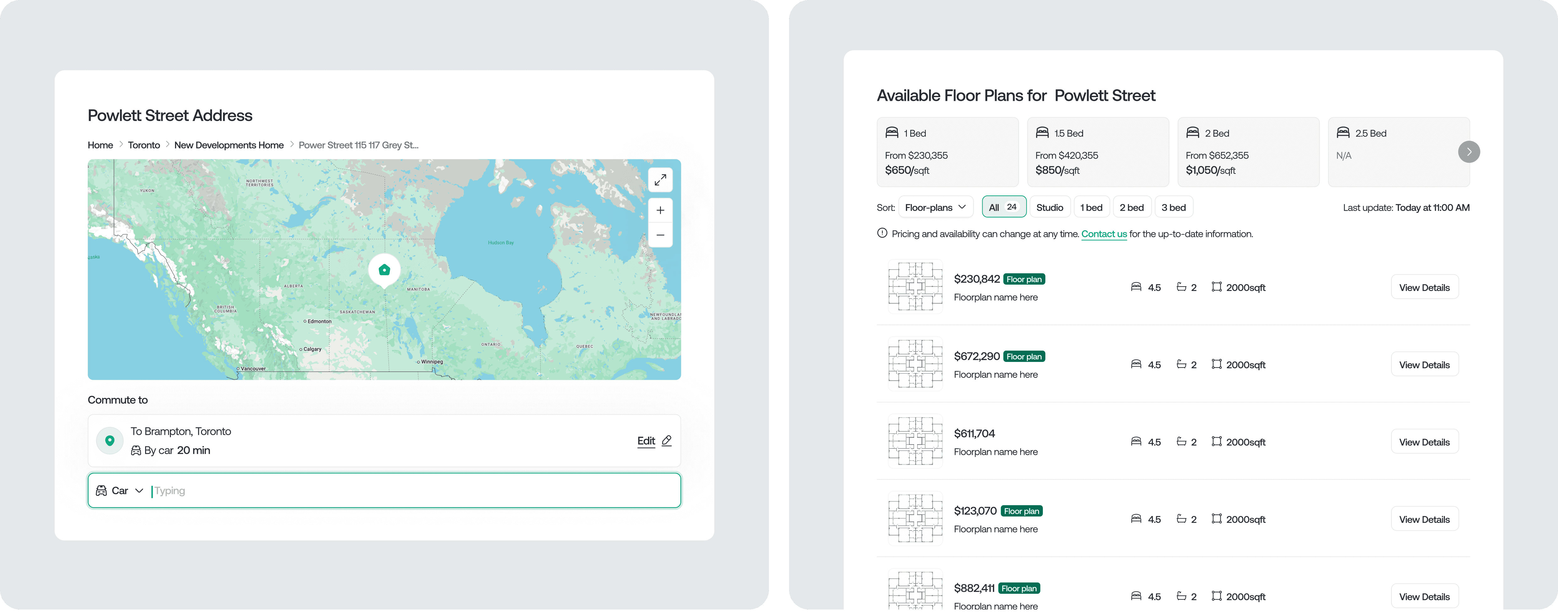 Floor plan comparison view with pricing breakdown alongside interactive map showing project location and commute details.