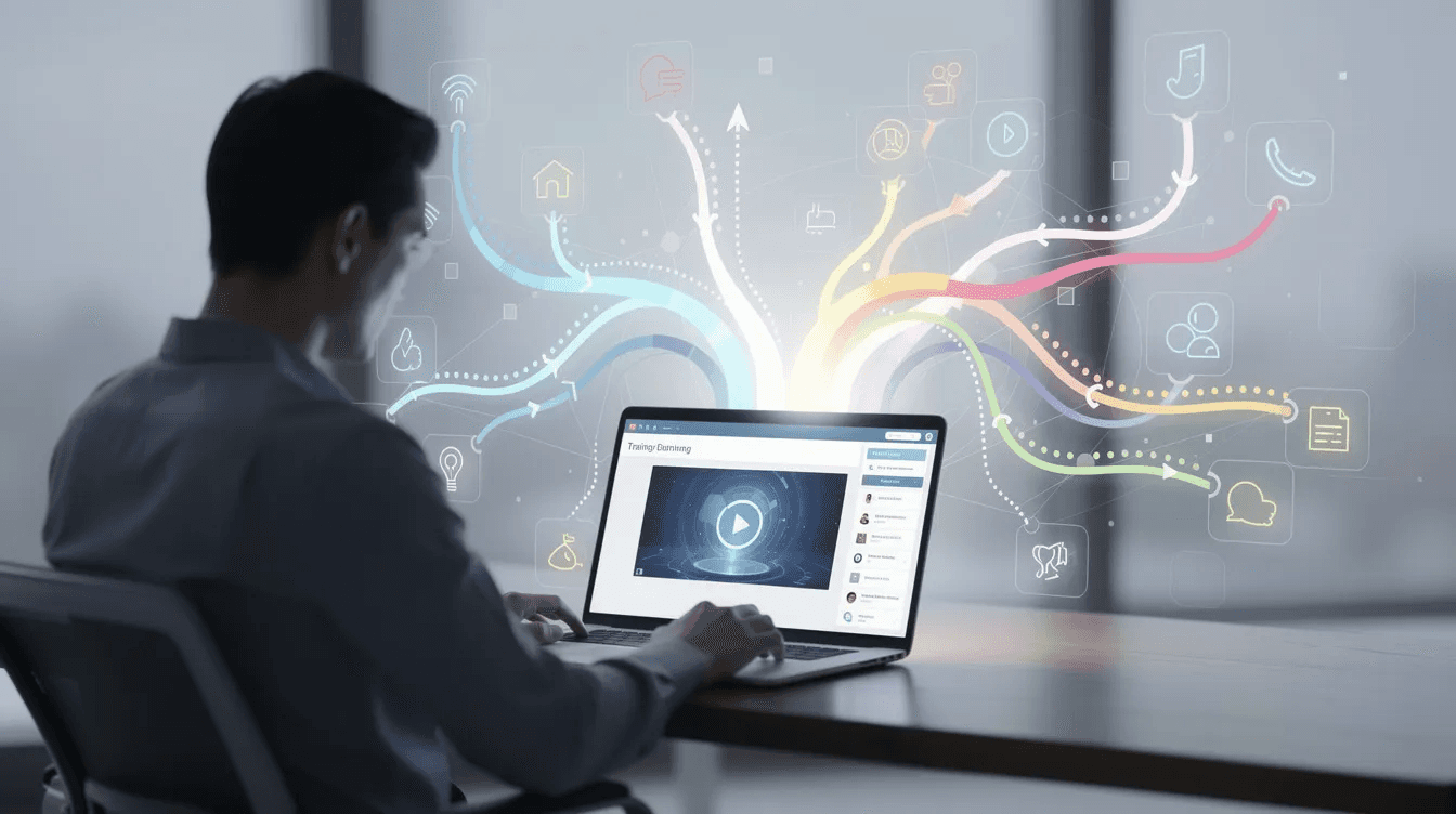 Une personne suit une formation sur un écran d'ordinateur portable, illustrant un parcours d'apprentissage adaptatif avec des visuels se ramifiant en plusieurs directions. Cette image représente l'importance de l'adaptive learning dans le développement des compétences des apprenants.