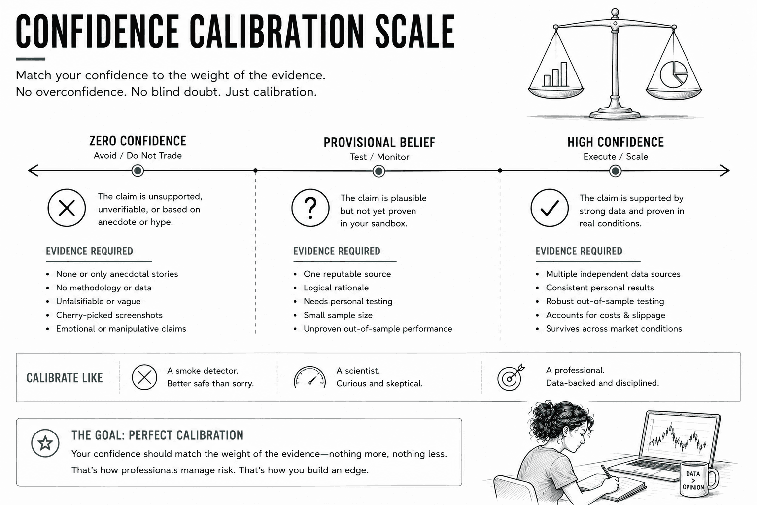 A horizontal confidence scale showing how traders should match confidence to the strength of available evidence. The framework compares Zero Confidence, Provisional Belief, and High Confidence while explaining the level of testing and validation required before increasing conviction in a trading strategy.