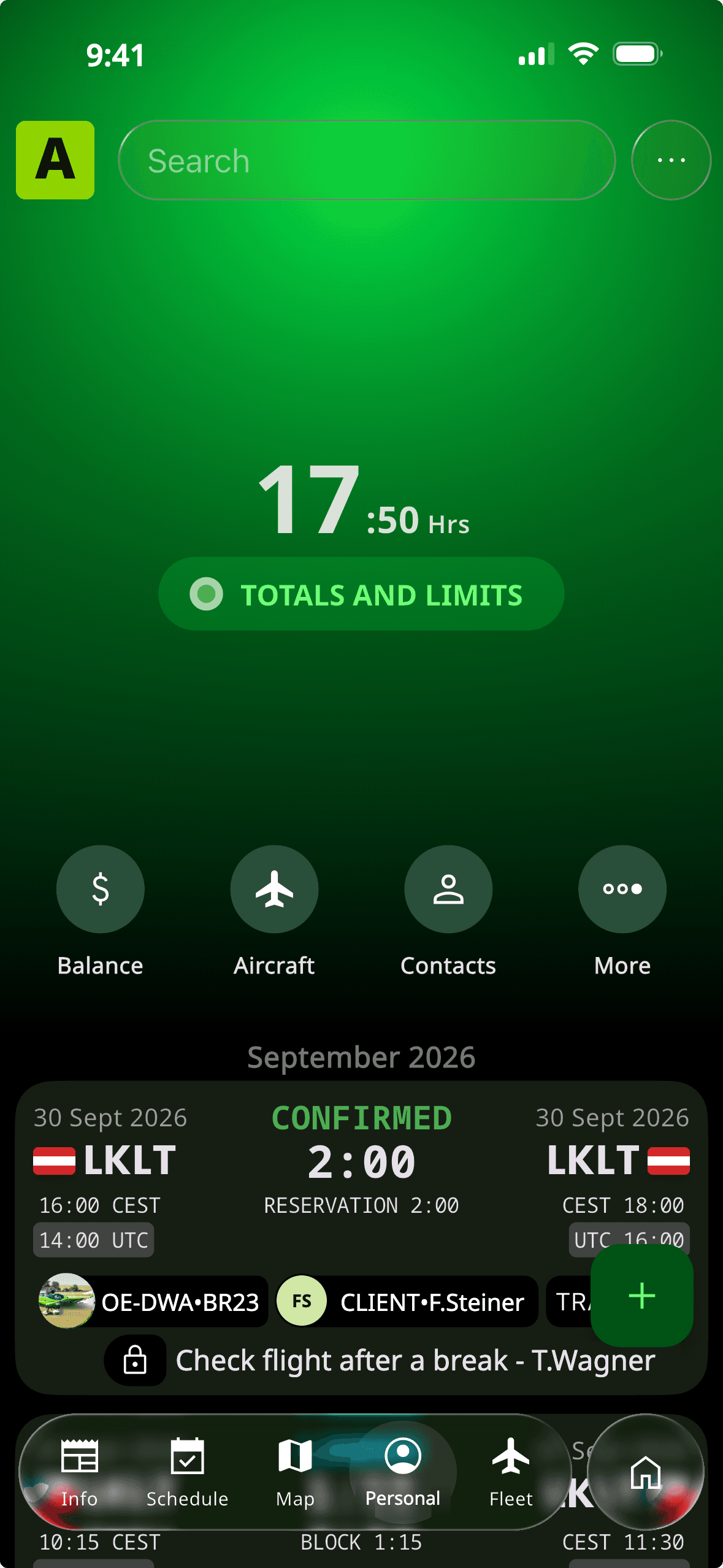Personal screen with totals and flight list, demo account