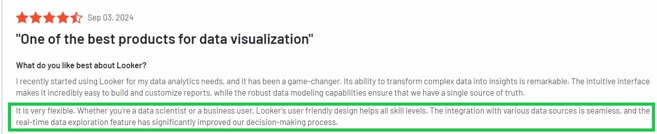 Looker user review highlighting flexible reporting, intuitive interface, and real-time data exploration