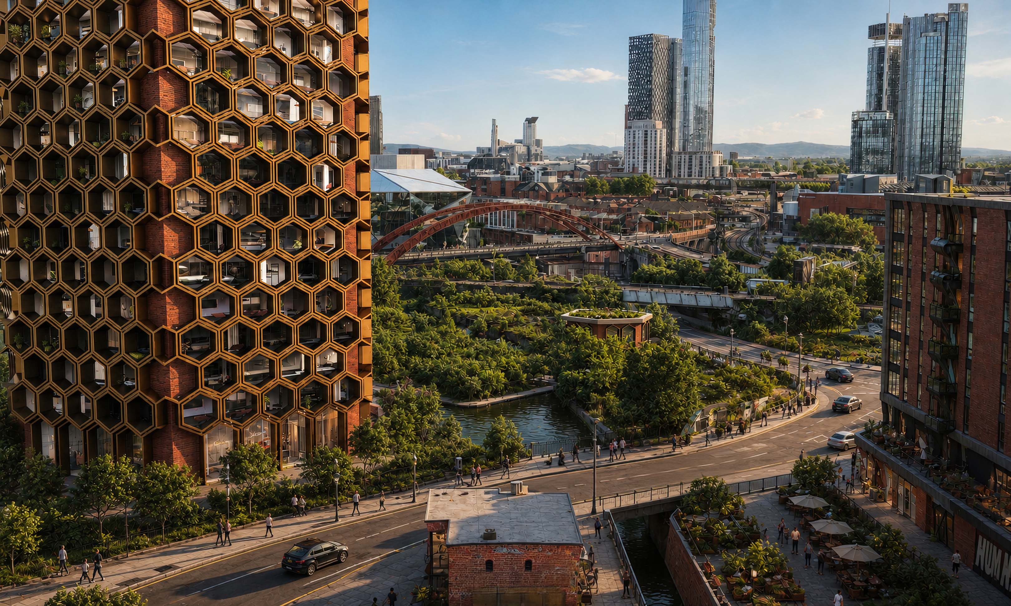 Detailed architectural visualisation of Hive Living MCR in Middlewood Basin, Manchester, showcasing a luxury honeycomb façade residential tower integrated with green public spaces, canalside landscaping, and contemporary urban infrastructure. CGI artwork by James Lyons at Pixelspaces using advanced architectural rendering and AI-assisted visualisation techniques for Manchester architects, property developers, and interior designers focused on sustainable mixed-use regeneration and modern city living.