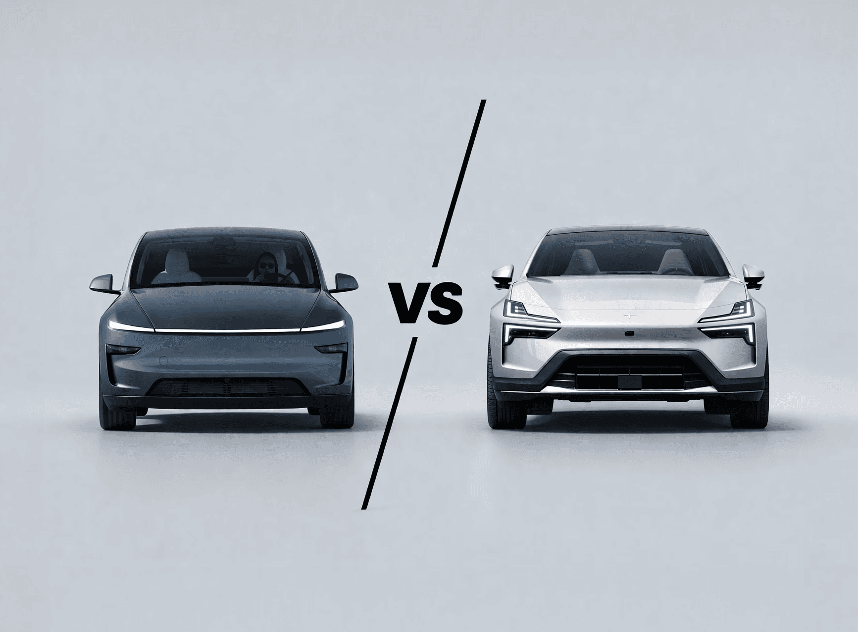 Tesla Model Y face à Polestar 4, comparaison visuelle de deux voitures électriques en vue avant