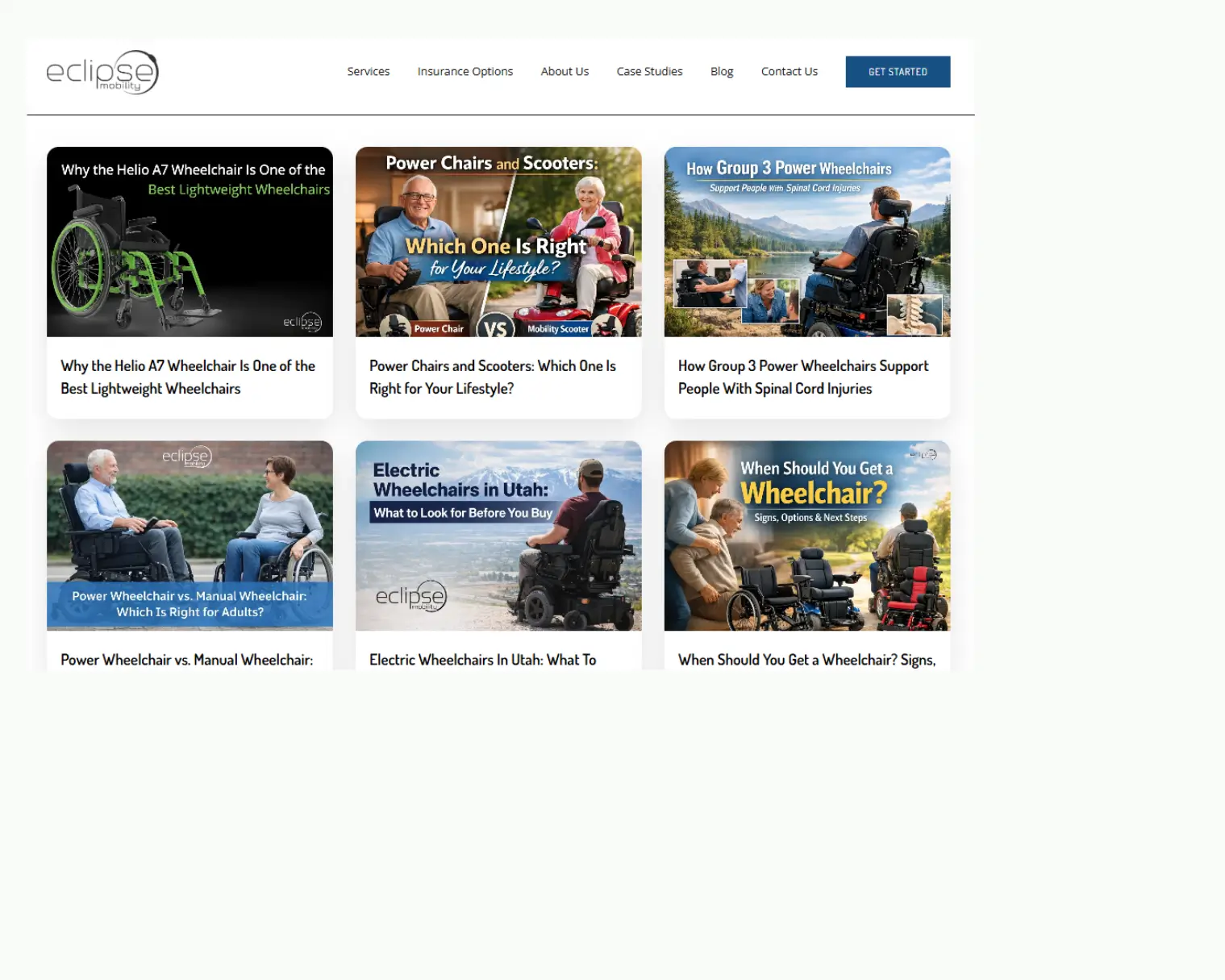 Eclipse Mobility blog page featuring articles on power wheelchairs and manual chairs.