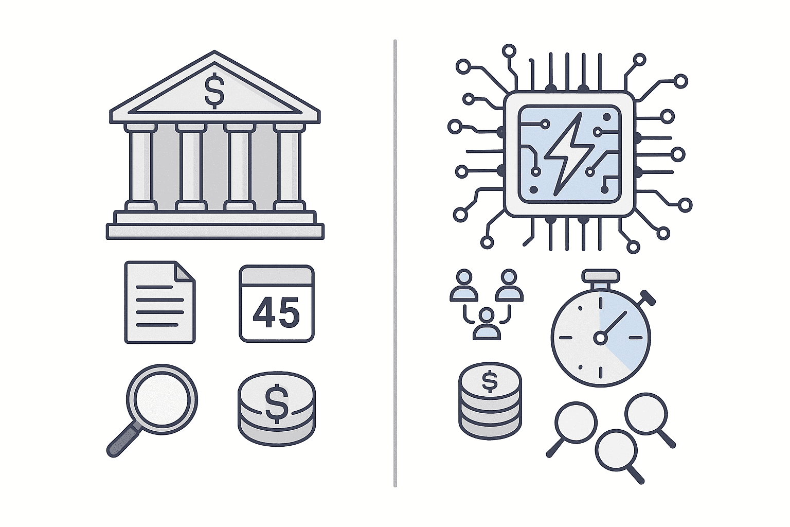 Side-by-side visual contrasting traditional bank mortgage process with fast AI-powered Chestnut platform