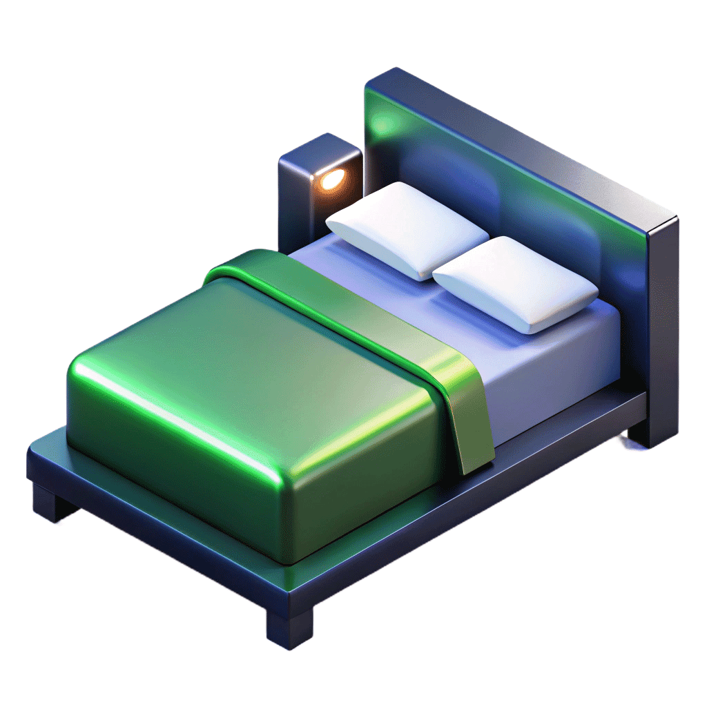 3D illustration of hotel bed with green bedding - Professional bed bug treatment for hotels and hospitality