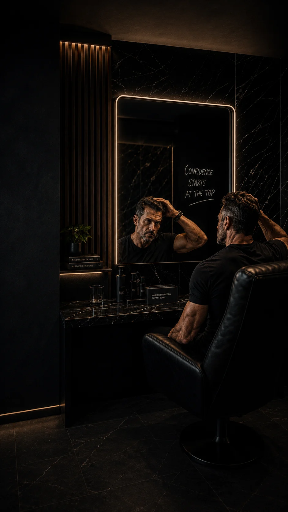 Man looking at his hair in the mirror considering hair restoration options.