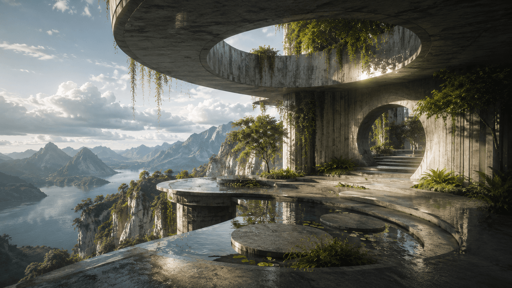 A futuristic cliffside terrace with circular concrete openings, reflective pools, sculptural platforms, lush planting, and expansive mountain and water views.