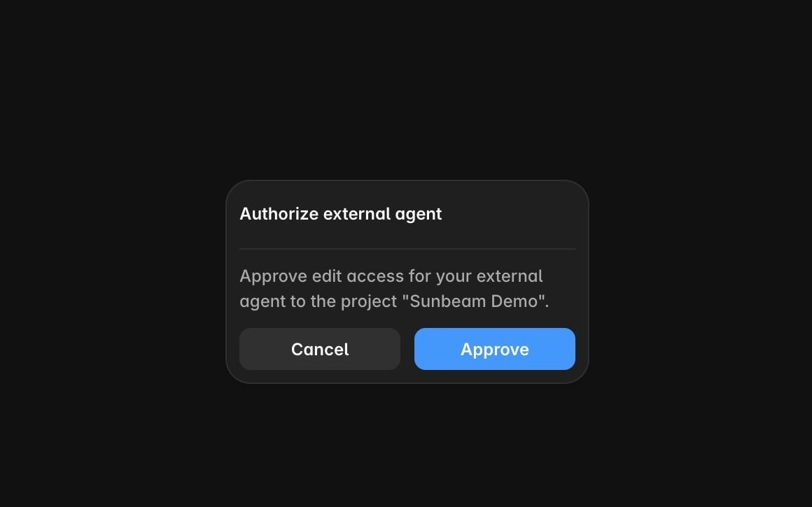 Framer dialog asking to approve edit access for an external agent to the project Sunbeam Demo