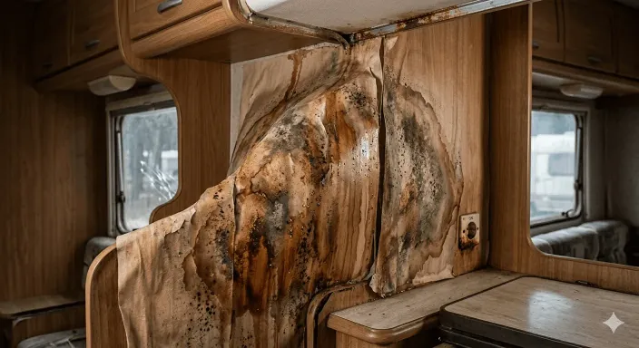 Infiltración severa de agua y humedades en la pared interior y el techo de una autocaravana tras fuertes lluvias.