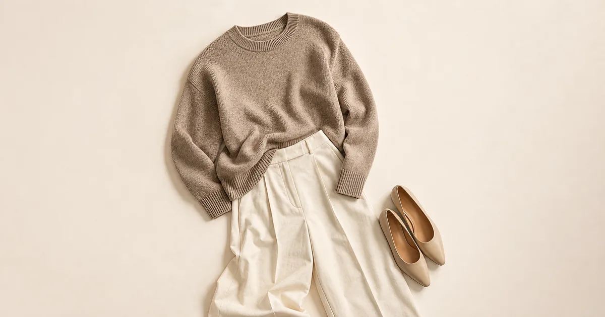 Hero garment beside a phone showing a matching outfit for wardrobe wishlist on a warm ivory background