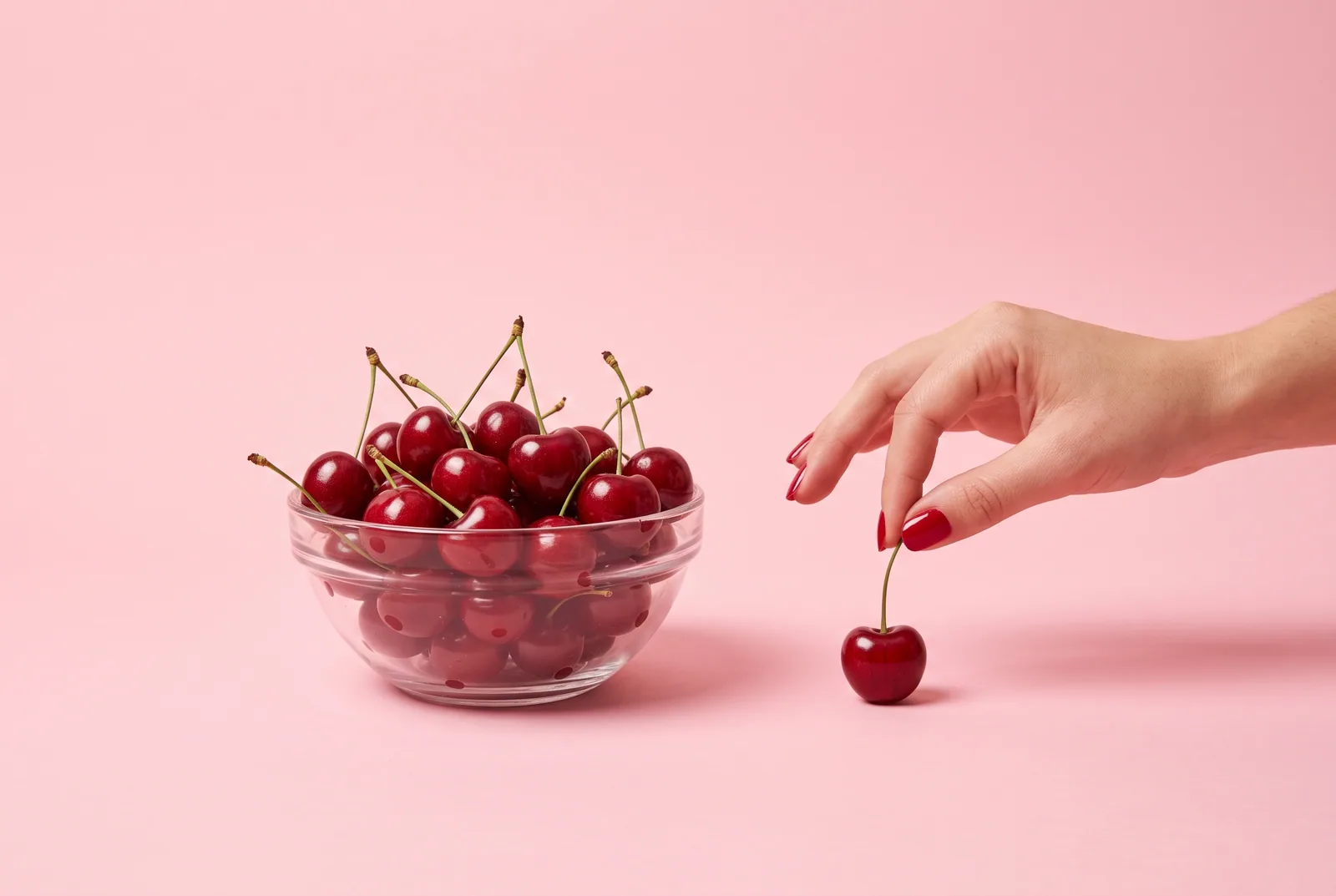 Lapse vs relapse in porn relapse prevention: a cropped hand with red nails picking up one cherry that rolled away from a full glass bowl of cherries on a pastel pink backdrop