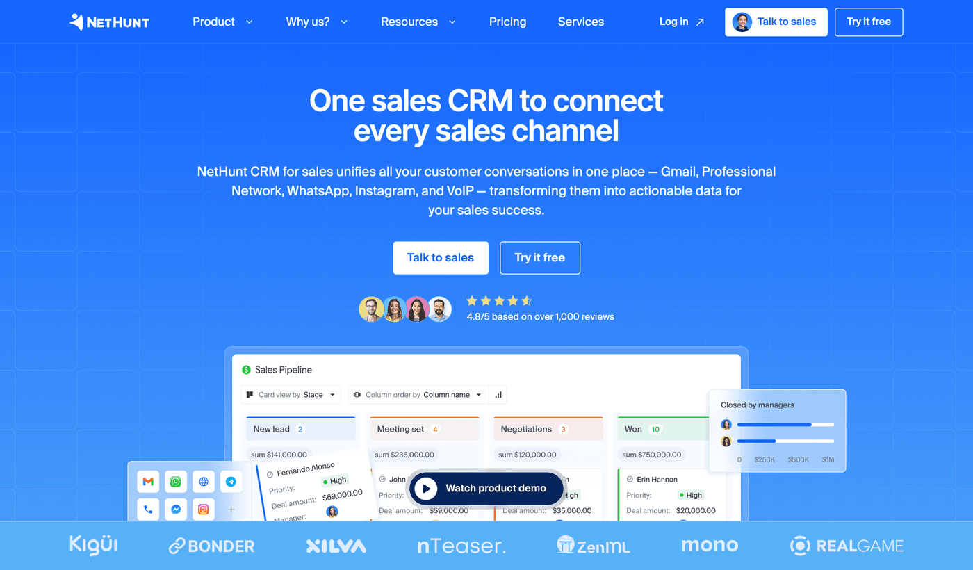 NetHunt landing page: one sales CRM to connect Gmail, LinkedIn, WhatsApp and Instagram, no Telegram
