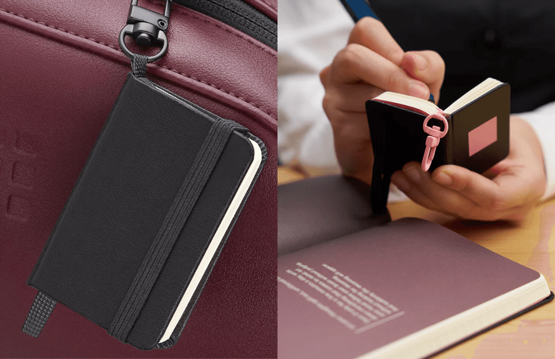 This image has two images next to eachother of a mini moleskin notebook. On the left side is the mini moleskin notebook attached as a keychain to a maroon backpack. While the right image shows someone writing in the notebook.