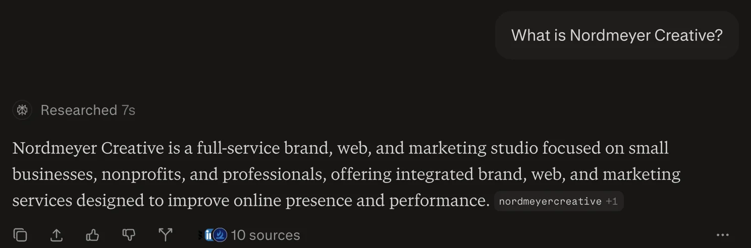 Perplexity answer describing Nordmeyer Creative as a full-service brand, web, and marketing studio, with a citation to nordmeyercreative.