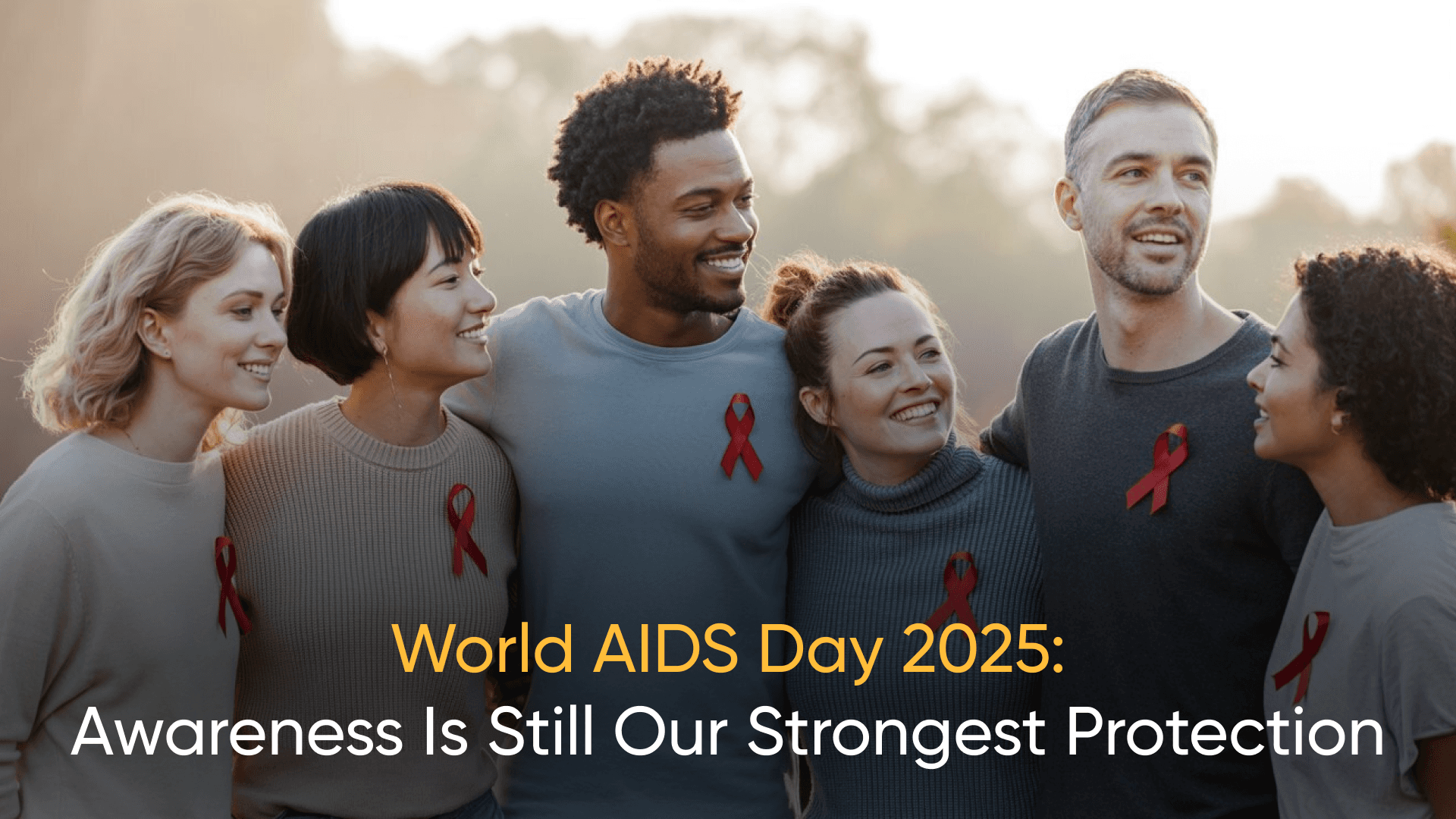 People standing together wearing red awareness ribbons to support HIV awareness on World AIDS Day 2025.