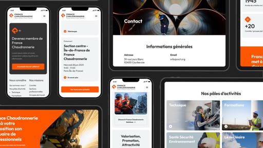 Composition de plusieurs écrans de téléphones et tablettes montrant les différentes pages et l'interface du site internet de France Chaudronnerie.