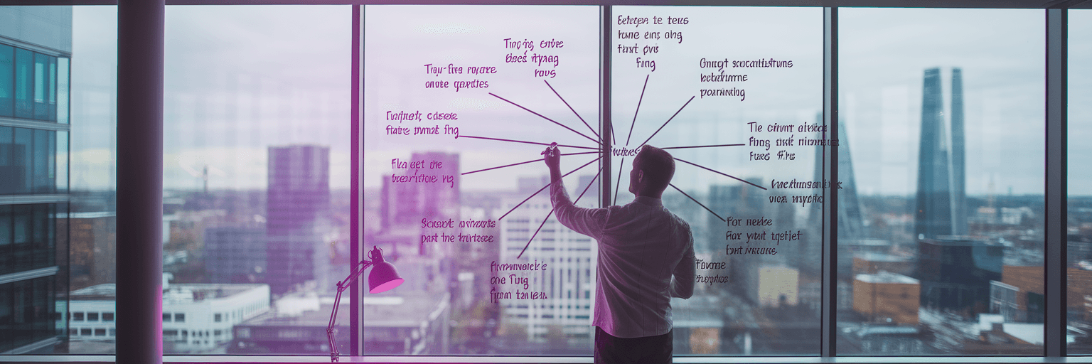 Founder planning SaaS content strategy on glass wall.