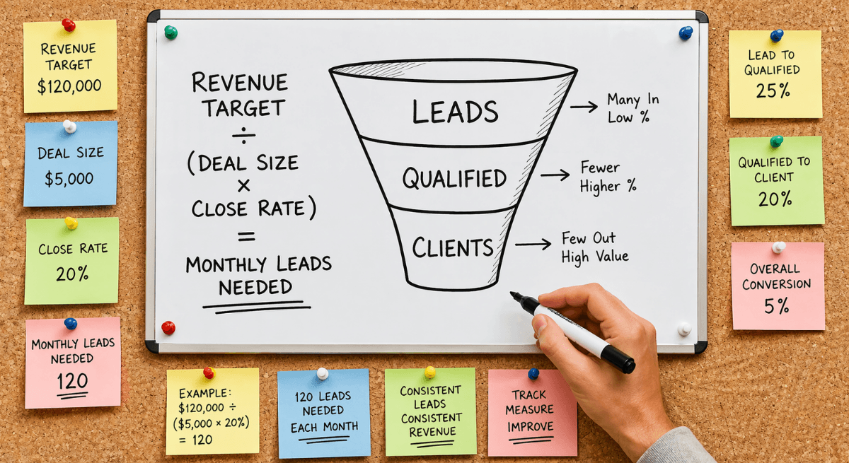 Whiteboard formula showing how many leads should marketing generate based on revenue target and deal size