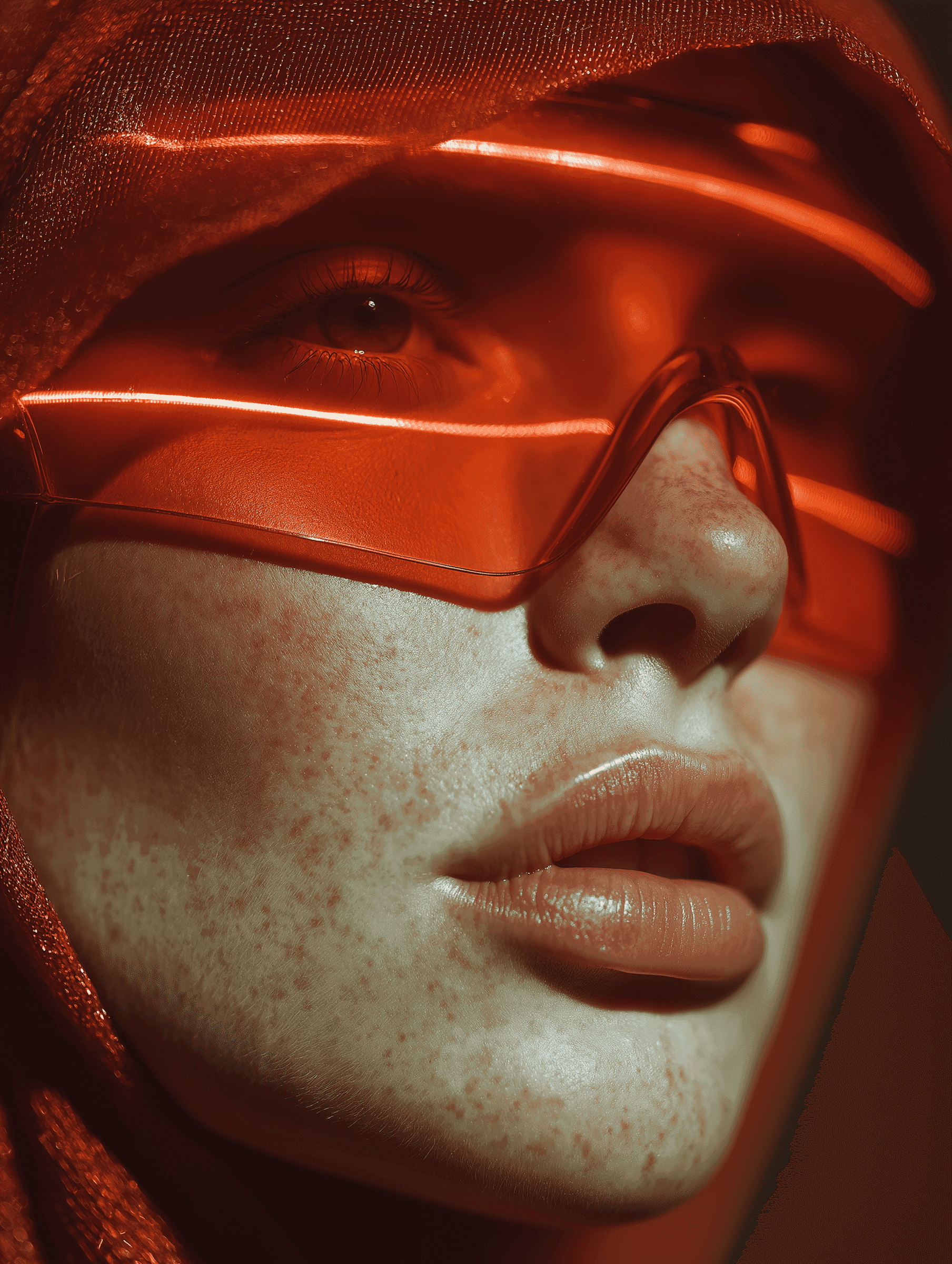 Close-up portrait of a woman wearing red translucent glasses and glossy lipstick