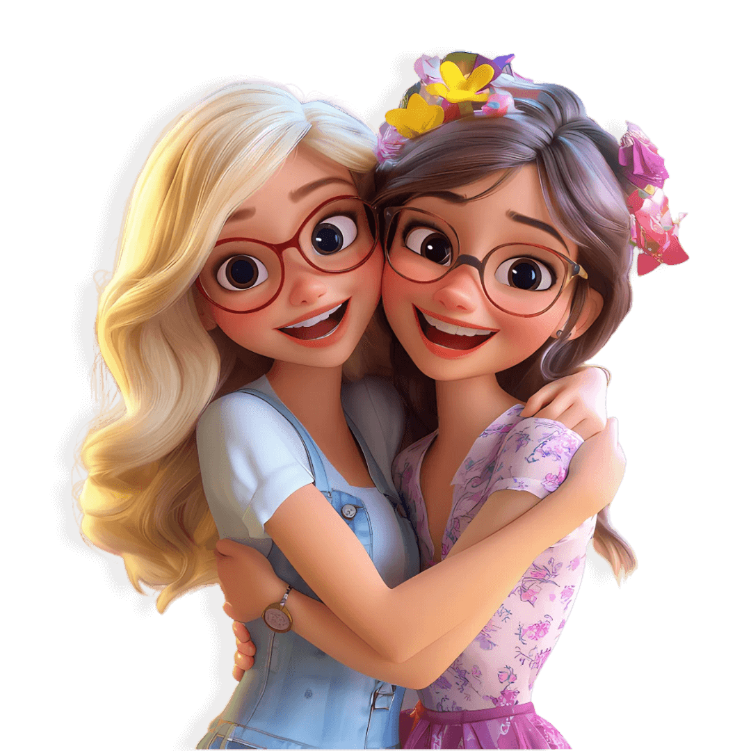 Two best friends hugging happy cartoon