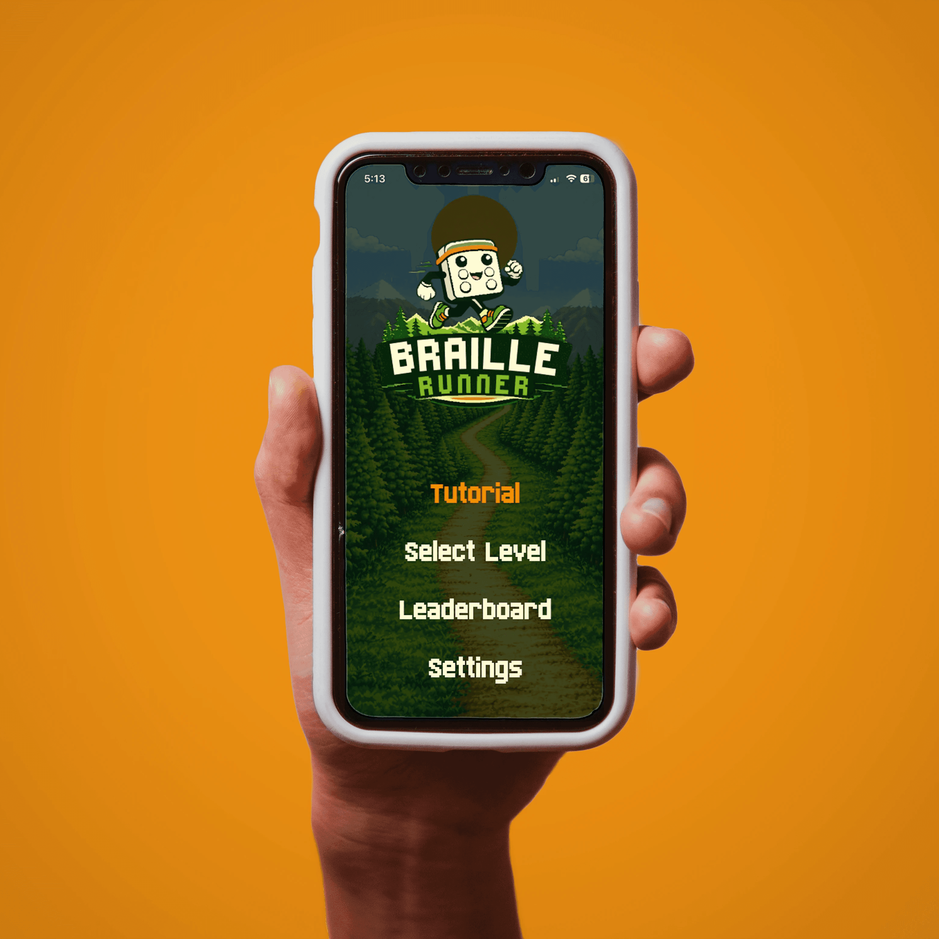 Hand holding a a phone displaying the Braillerunner home screen