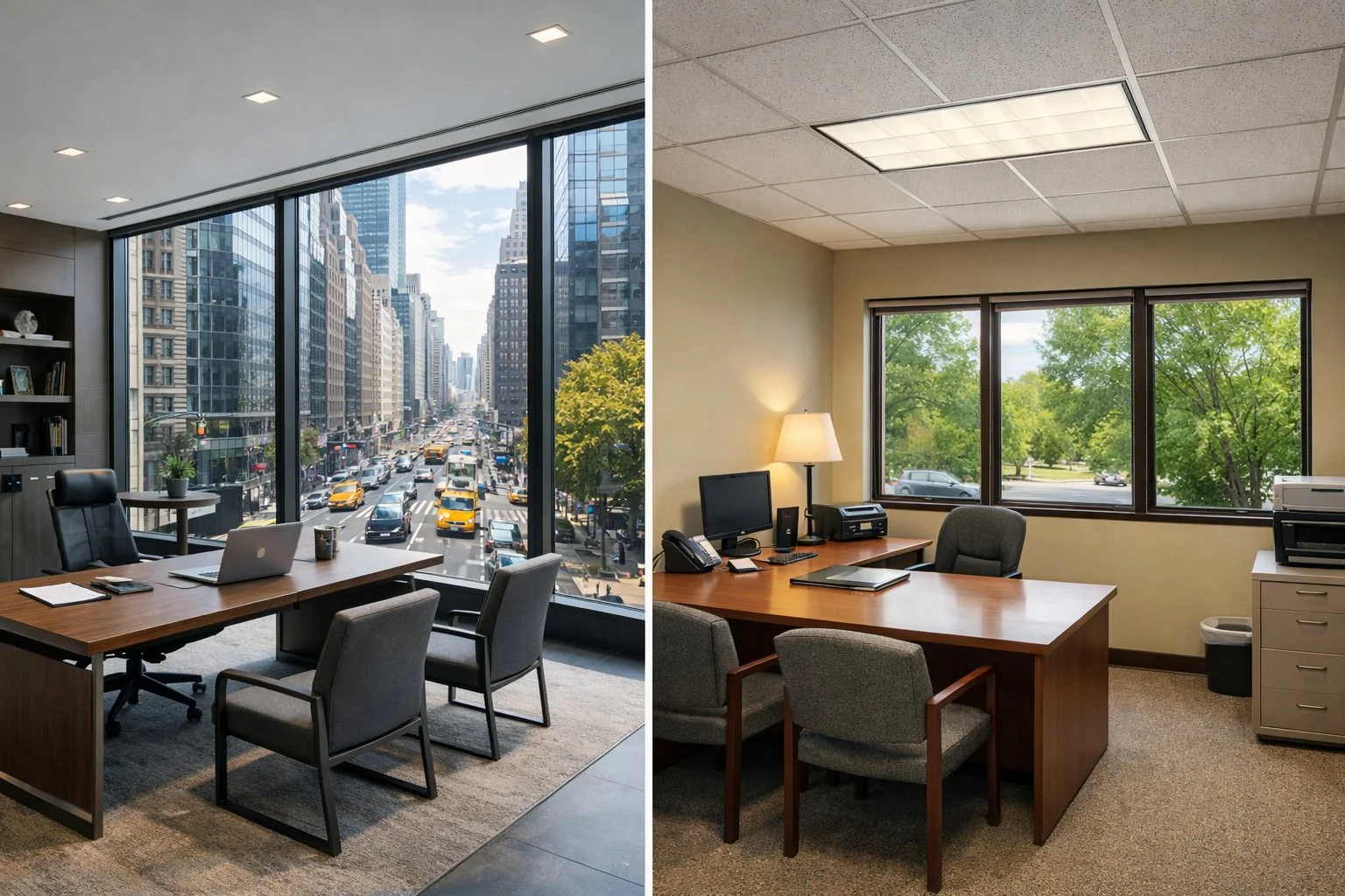 Side-by-side comparison of two office interiors: a modern high-rent NYC office with large windows overlooking city traffic, and a modest suburban office with smaller windows and trees outside.