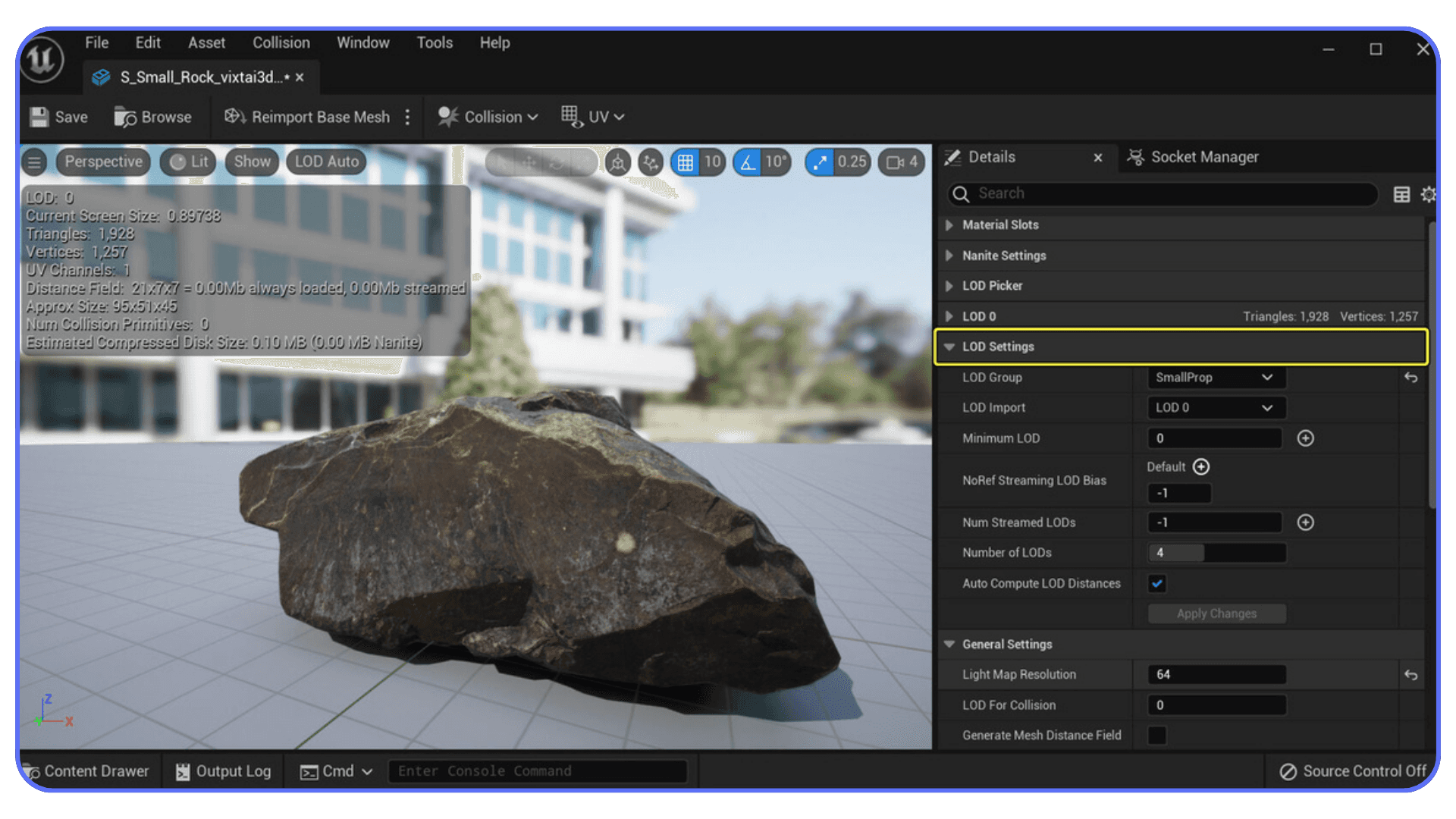 Unreal Engine Static Mesh Editor showing a scanned rock model with triangle count, LOD information, and details panel settings.