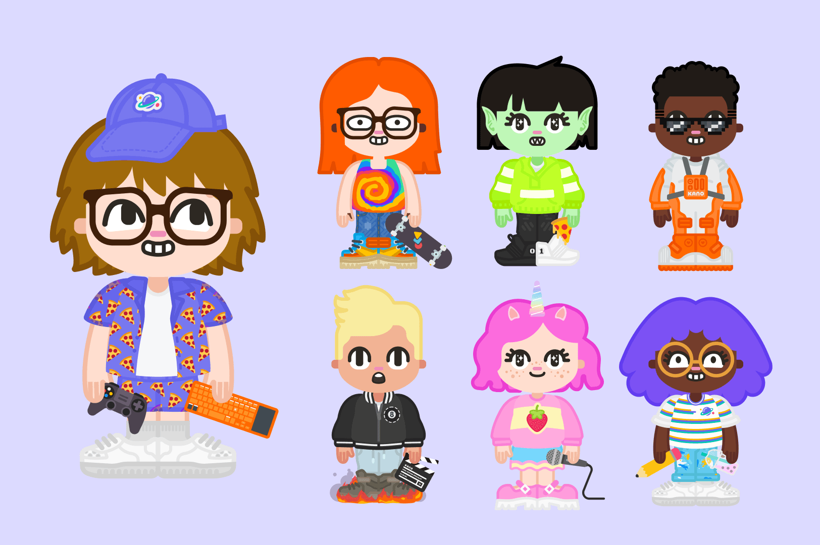 Seven avatars shown on a light purple background. All are wearing unique clothes and facial expressions, with different accessories.