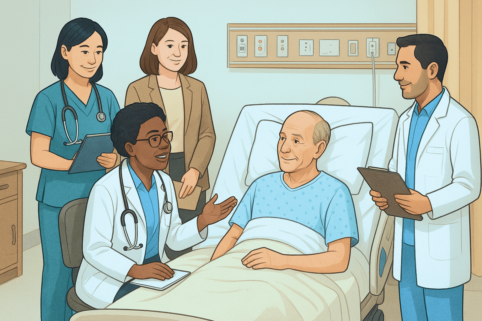 Animation style image of SIBR team at bedside with patient