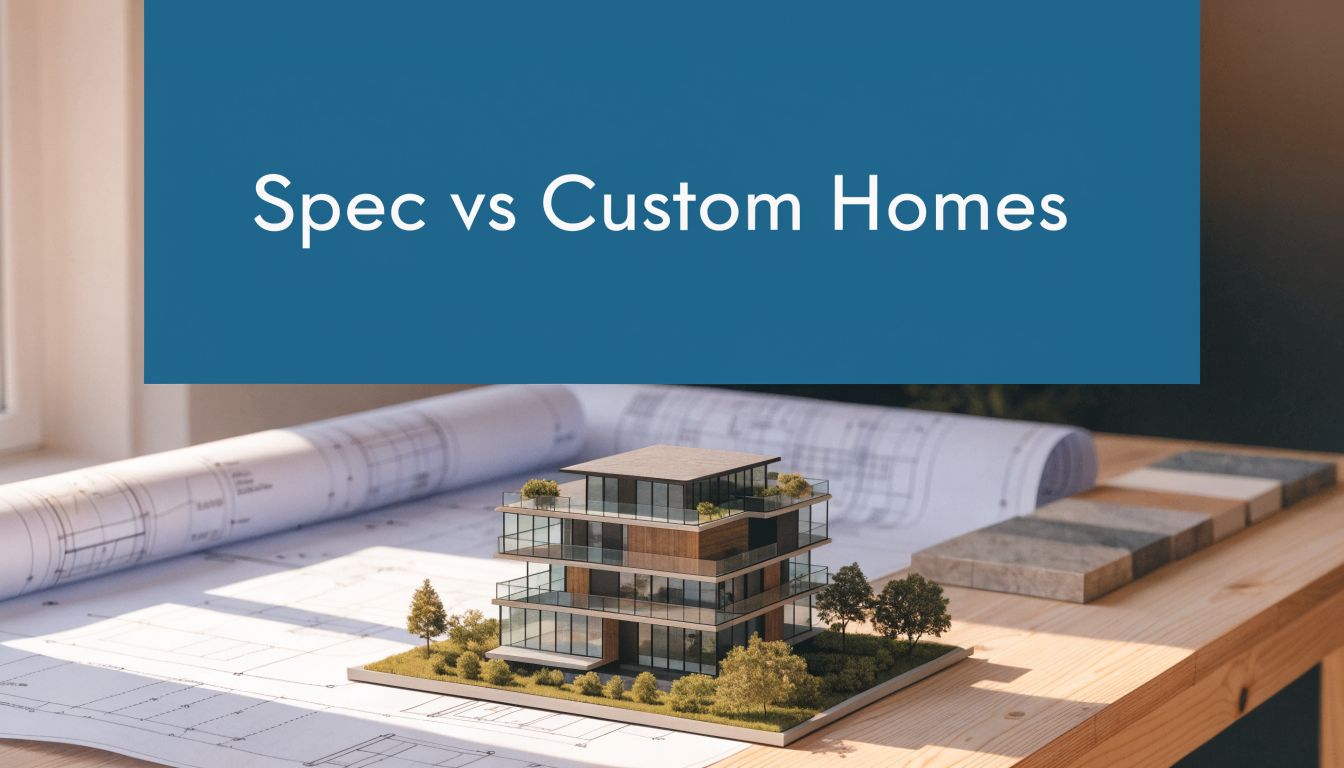 a model home on a blueprint and a blue banner reaidng 'spec vs custom homes'