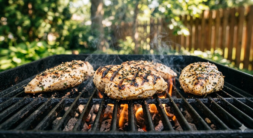 "A detailed close-up shot of seasoned boneless chicken breasts with distinct char marks grilling on a black cast iron grate over hot coals, with smoke rising in a sunny outdoor backyard setting."