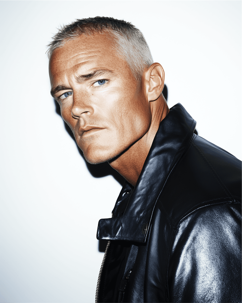 man with black leather jacket