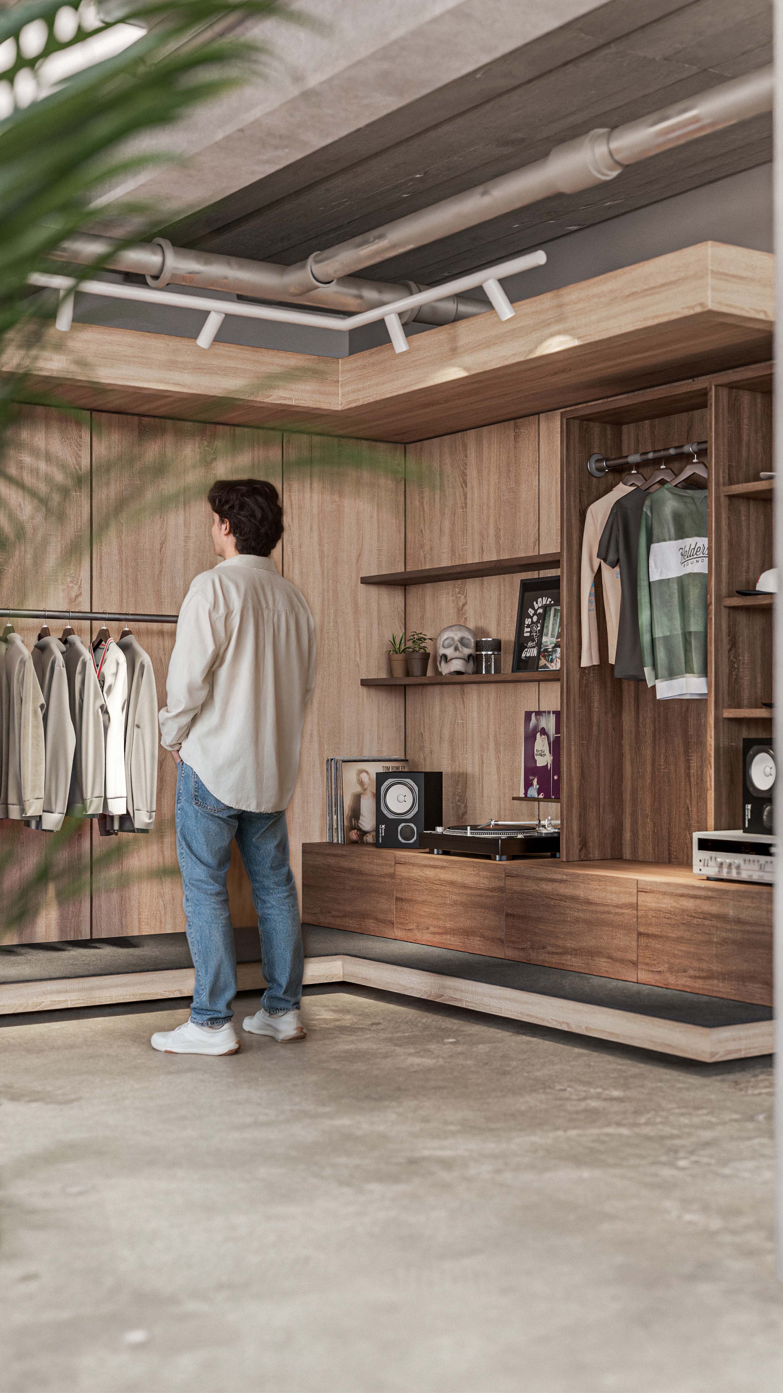 High-end retail interior CGI visualisation created by James Lyons of PixelSpaces for Bound Manchester, featuring bespoke timber cabinetry, curated clothing displays, premium fashion merchandising, lifestyle retail design and photorealistic architectural rendering for the upcoming Northern Quarter store