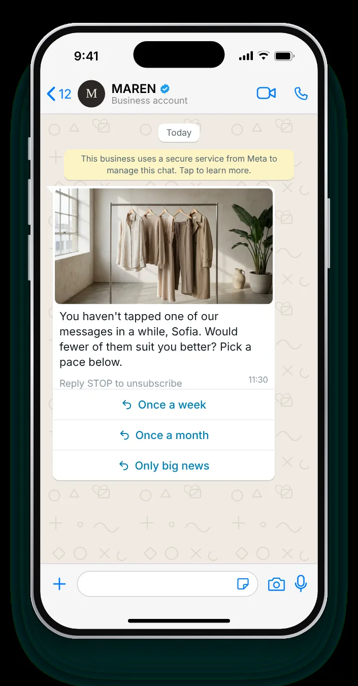 Let them choose fewer messages: WhatsApp re-engagement message on an iPhone