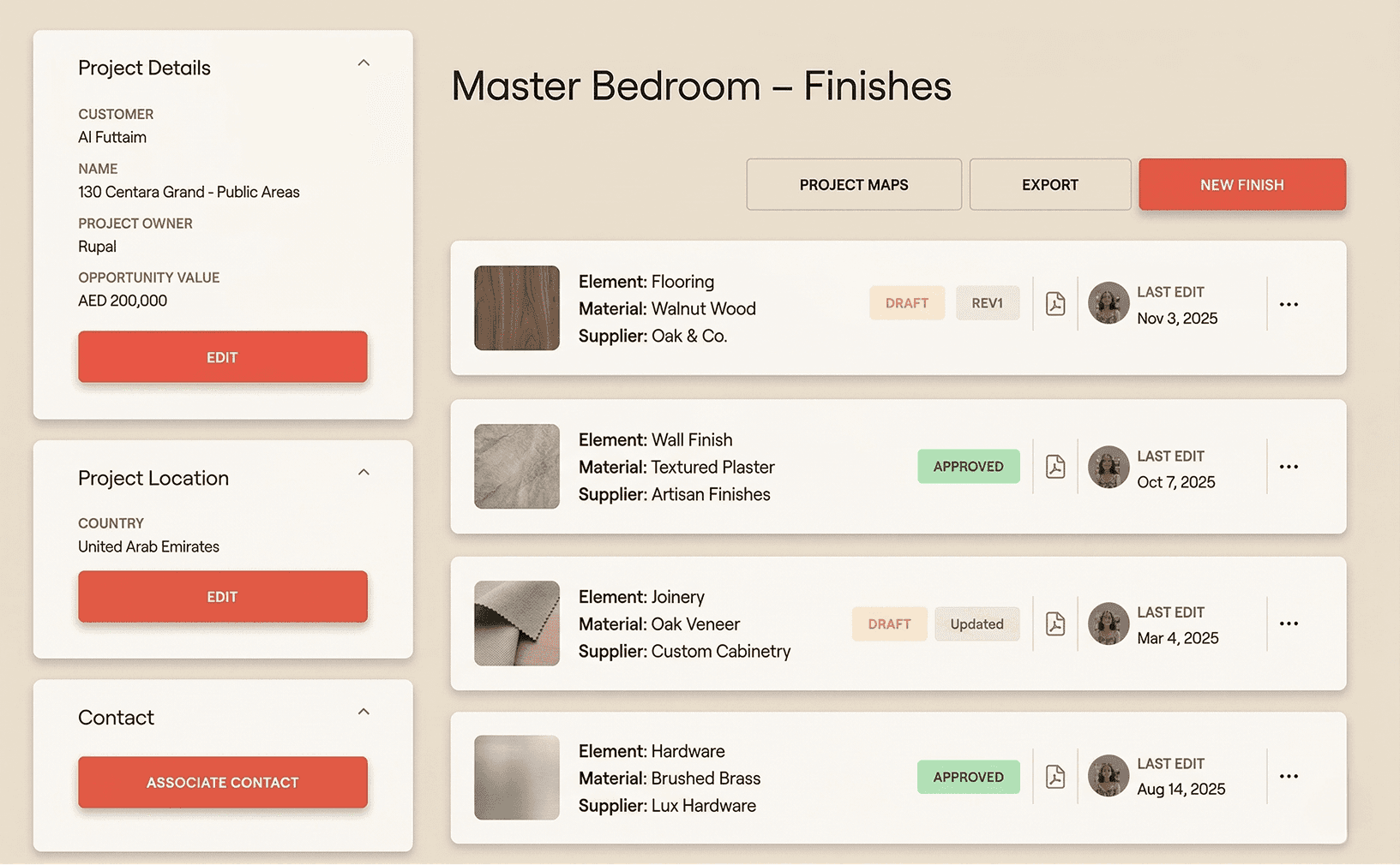 Master Bedroom Finishes: Walnut wood flooring, textured plaster wall finish, and oak veneer.