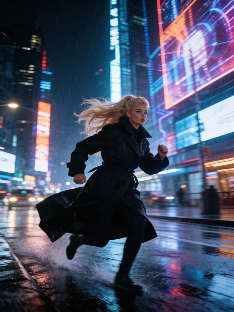 Cyberpunk city chase scene generated with Kling o1 cinematic realism