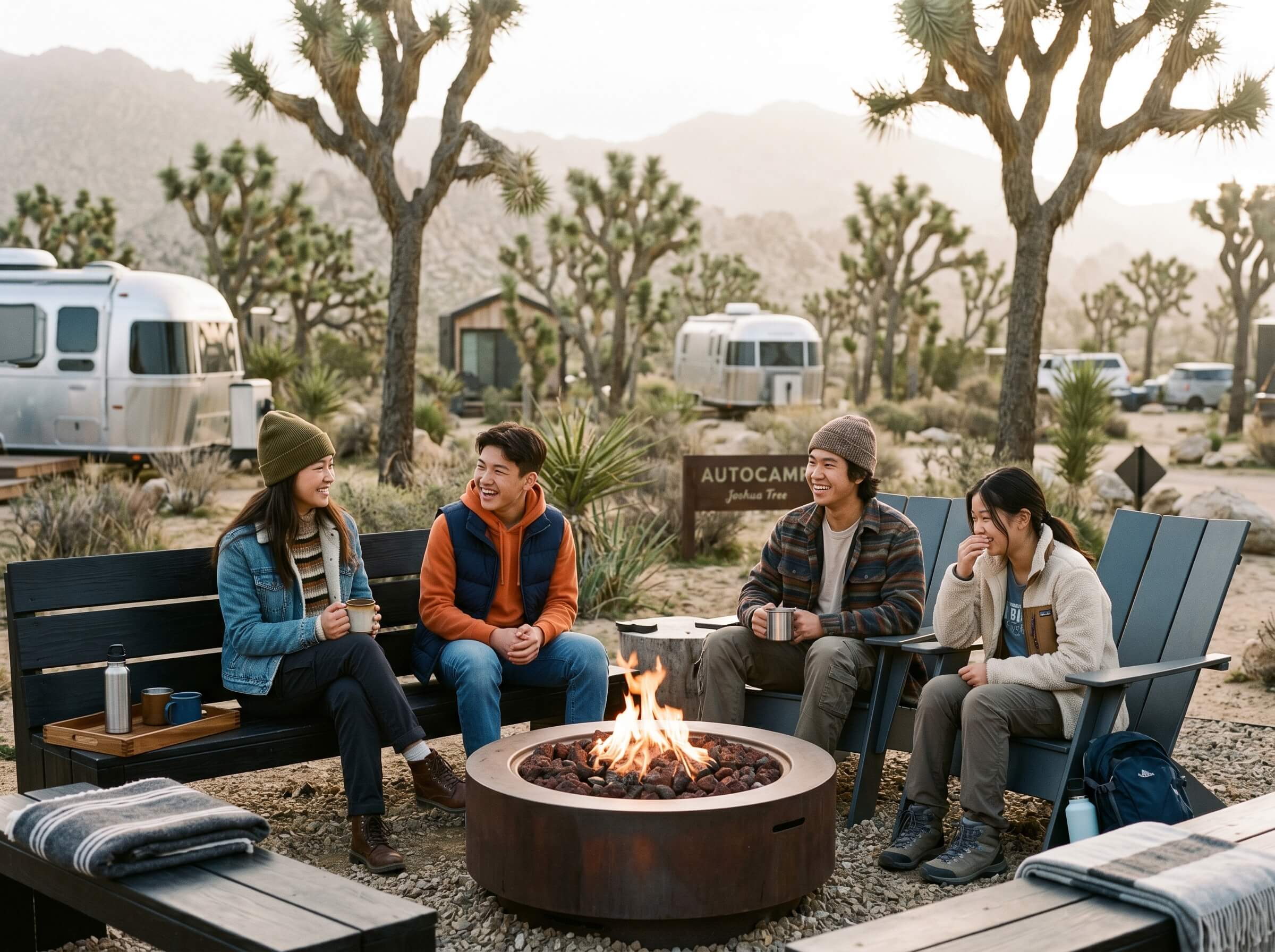 Four people sit around a fire pit, enjoying a relaxed gathering at a desert campsite with Joshua trees and Airstream trailers in the background, suggesting a cozy outdoor adventure.