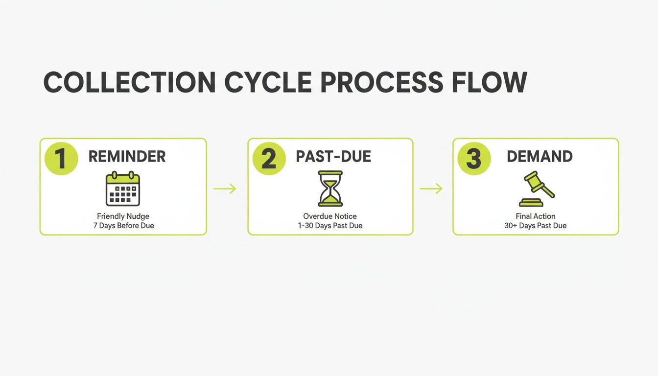 A collection cycle process flow illustrating reminder, past-due, and demand steps for debt recovery.
