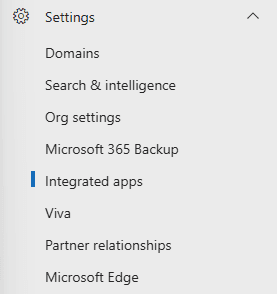 Microsoft 365 admin center met het menu Instellingen en Geïntegreerde apps geselecteerd