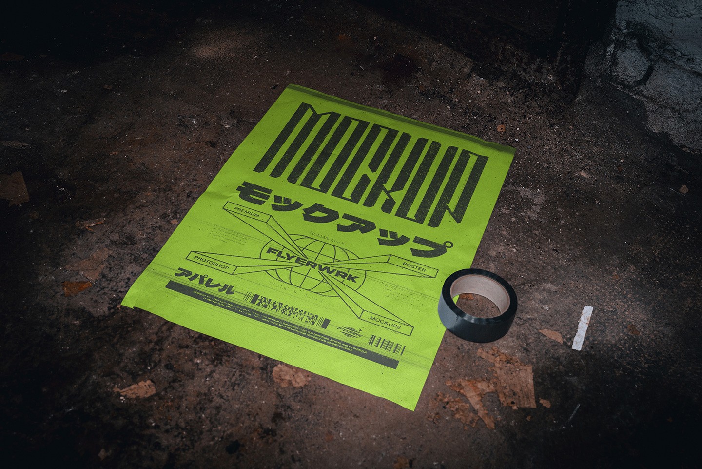 Basement A2 poster mockup with bright green poster design on gritty floor