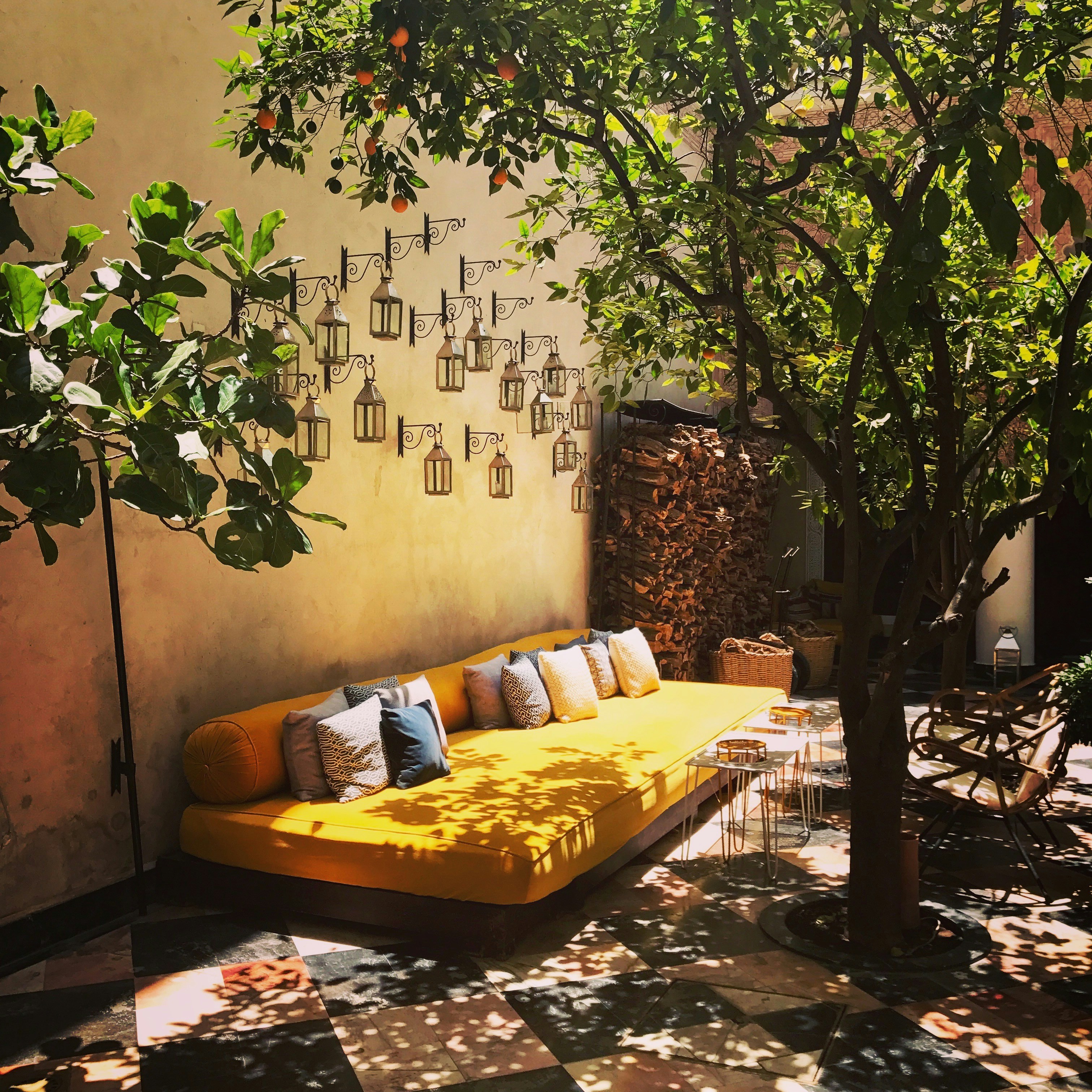 a yellow couch sitting under a tree next to a wall