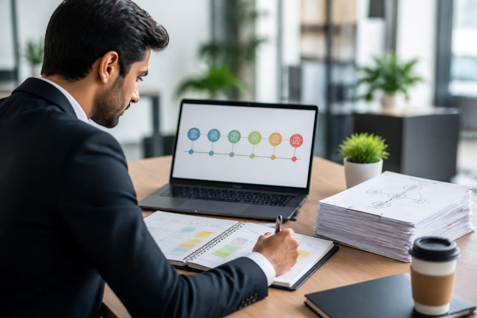 Business Setup Timeline in Dubai beside a Dubai trade license document and a modern office