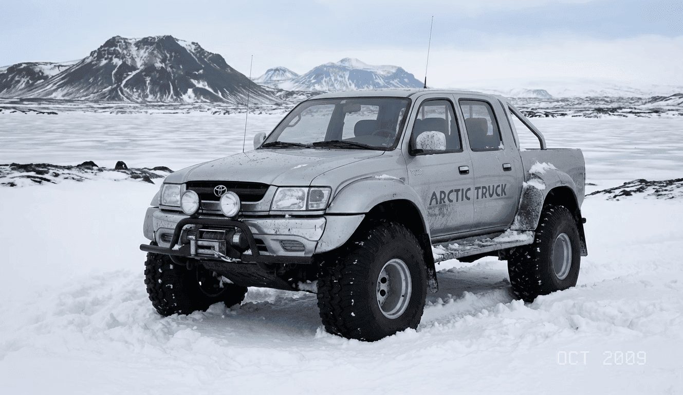 A classic silver Toyota Hilux Arctic Truck with massive tires parked in a snowy, mountainous landscape.