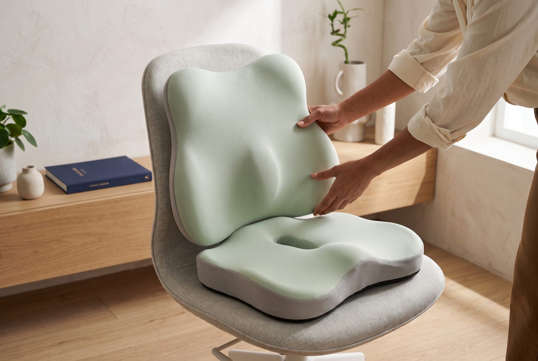 Seat cushion first, then the lumbar cushion at lower-back height. Each piece is positioned on its own.