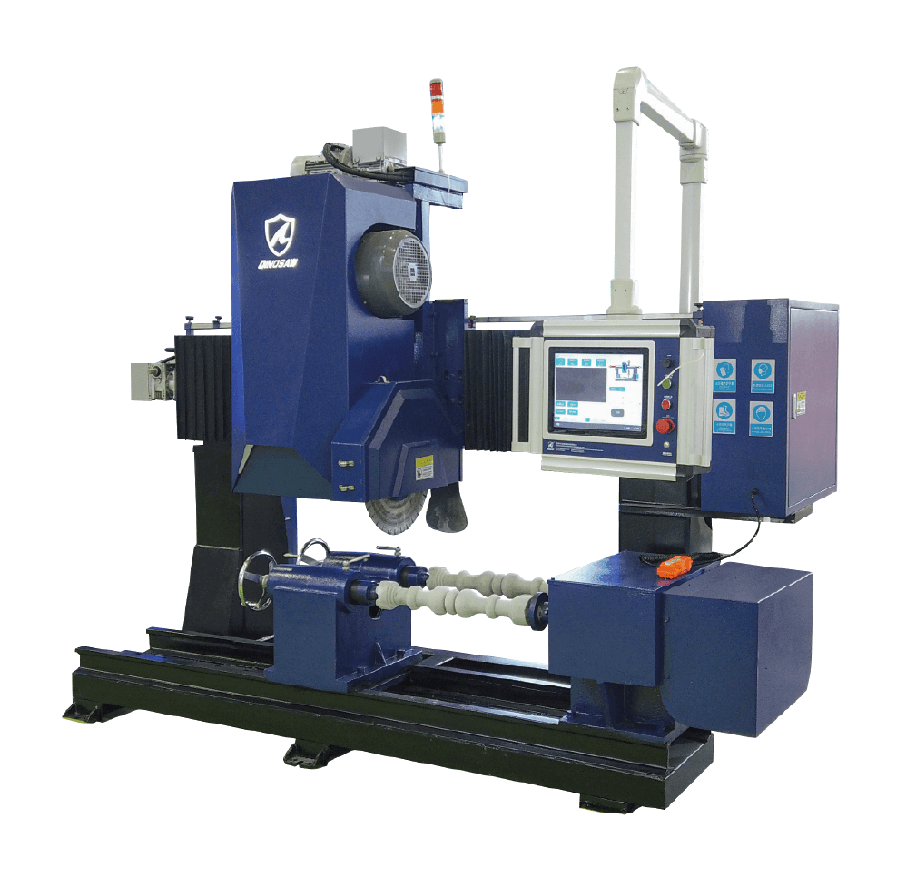 Dinosaw Bridge-type Bidirectional Cuts Machine with gantry frame, microprocessor control, and optical fiber monitor, designed for cutting various stone shapes like balusters and columns.