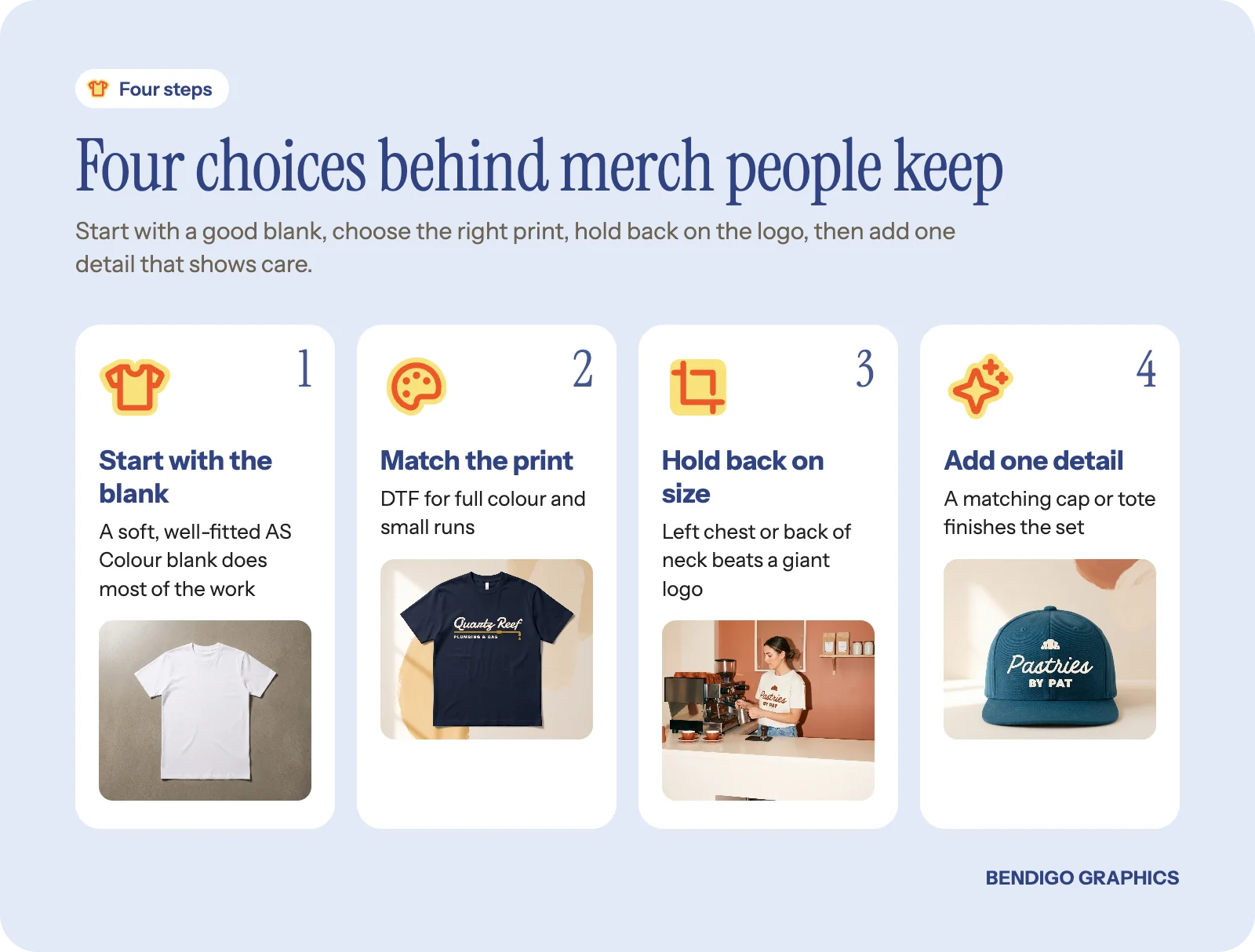 Four steps to good merch: a quality AS Colour blank, the right print method, a restrained logo placement and a finishing detail like a branded cap.