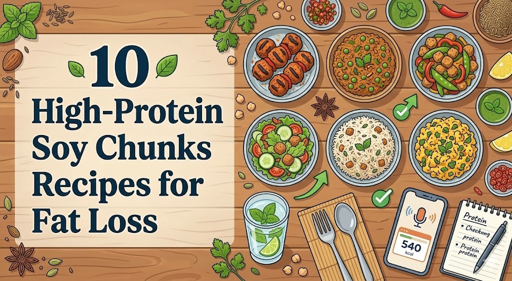 An illustrated guide showcasing various high-protein meals made with soy chunks, including tandoori skewers, stir-fries, salad, and pulao, arranged on a wooden table with spices. The image includes a calorie-tracking phone displaying '540 kcal' and the title "10 High-Protein Soy Chunks Recipes for Fat Loss".