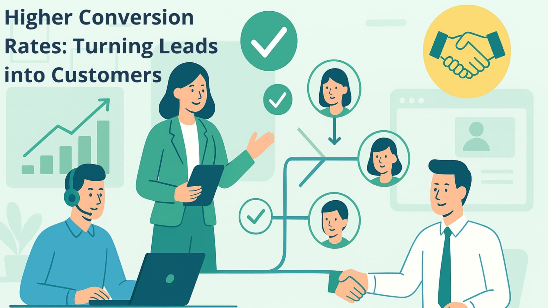 Illustration of higher conversion rates impact on sales pipeline, turning leads into customers.